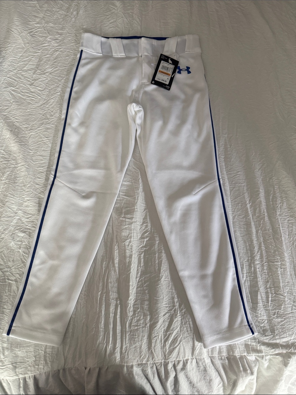 Under Armour Boy’s White Baseball Pants with Blue Piping